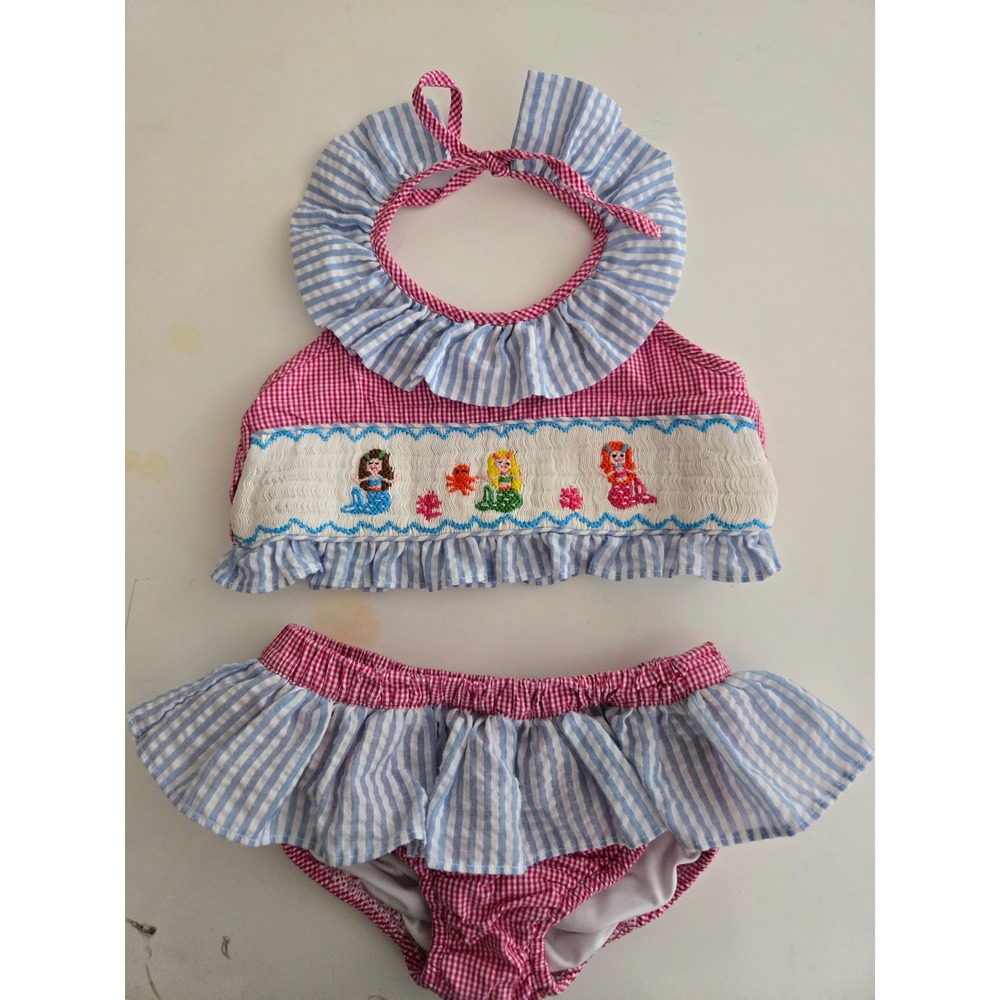 Smockingbird Children Girls Mermaid Smocked Swimsuit Pink Gingham Blue Stripe 5T